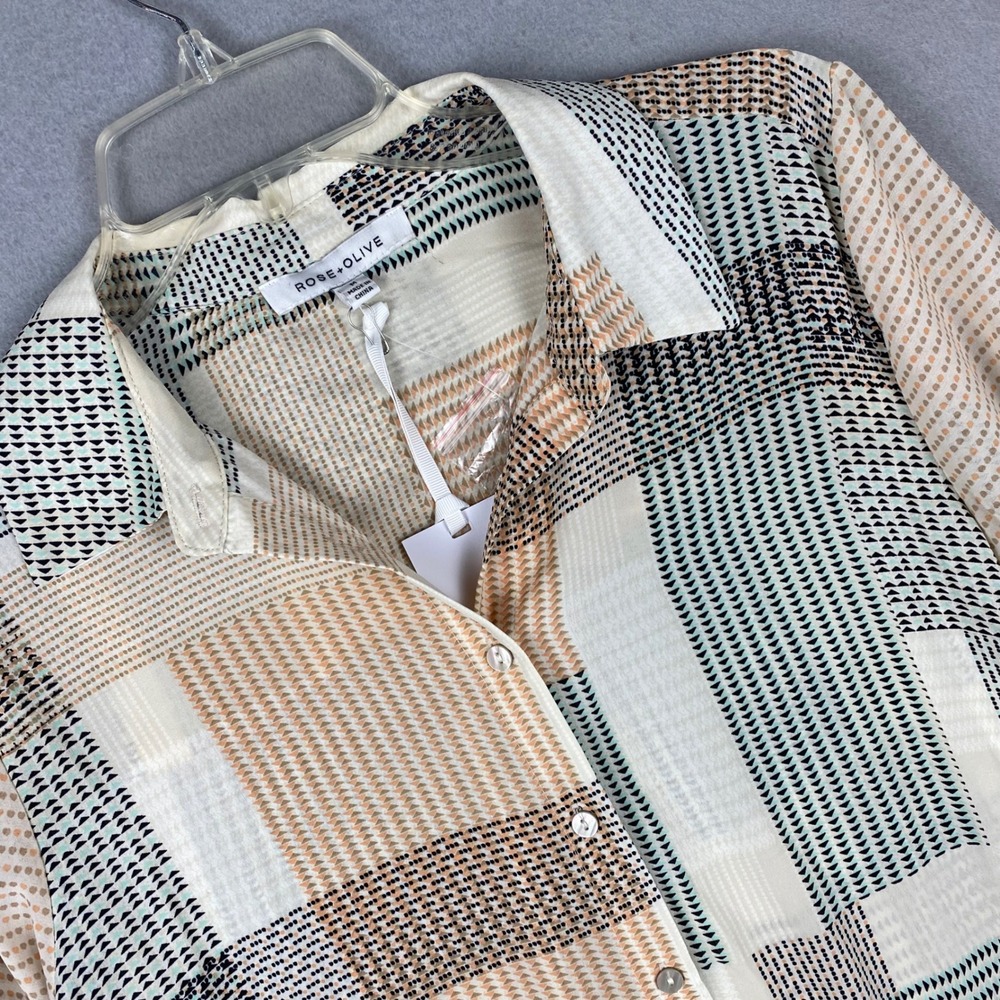 Rose + Olive Geometric Patchwork Button Down Blouse Cream Tan Black Medium NWT